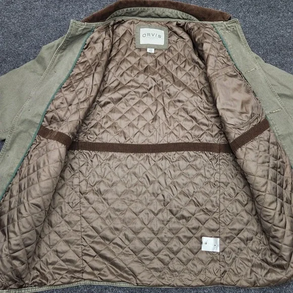 ORVIS Barn Jacket Chore Field Farm Green Canvas Quilted Lining Mens Medium